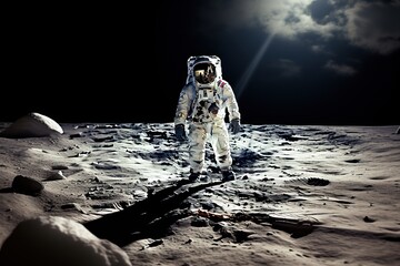  a man in a space suit standing on the surface of the moon with his hands in his pockets and a flashlight in his other hand. - obrazy, fototapety, plakaty