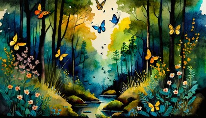 magically fantasy forest with butterflies 