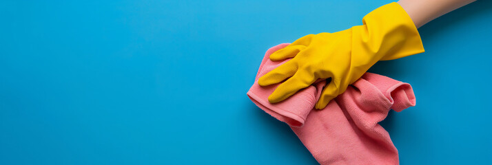 A hand in a yellow glove holds a pink cleaning rag on a blue background. Photo concept of spring cleaning in the office and home. Design horizontal banner template with place for text, copy space