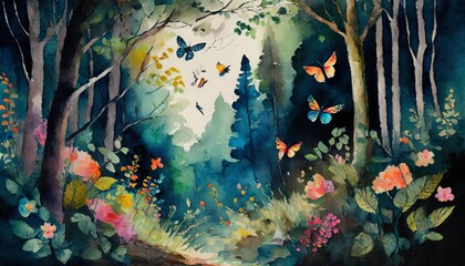 magically fantasy forest with butterflies 