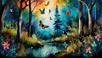 magically fantasy forest with butterflies 