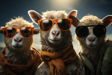  three llamas wearing sunglasses and scarves in front of a blue sky with the sun in the background.