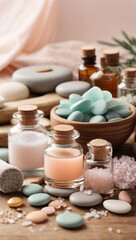 Fototapeta na wymiar beauty treatment items for spa procedures on wooden table, massage stones, essential oils and sea salt
