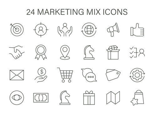 Marketing Mix icon set. Symbols represent strategic components like targeting, global reach, and customer service. Essentials for market planning. Flat vector icons.