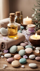 Fototapeta na wymiar beauty treatment items for spa procedures on wooden table, massage stones, essential oils and sea salt