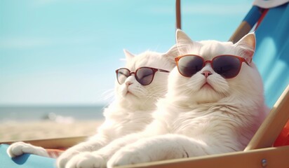 Two cute white cats wearing sunglasses and sunbathing leisurely on the recliner at the beach. The concept for animal creative banner concepts in summer or vacation
