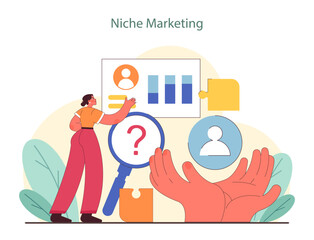 Niche marketing analysis. Illustration of market research, customer profiling, and strategic planning for targeted growth. Visual guide for specialized market success. Flat vector illustration.
