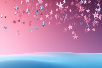  a pink and blue background with stars hanging from the ceiling and a blue wave of water in the foreground.