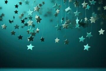  a close up of a bunch of stars hanging from a string on a blue background with room for text or image.