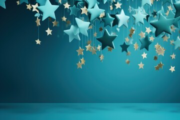  a blue background with gold stars hanging from it's sides and a blue backdrop with gold stars hanging from it's sides.