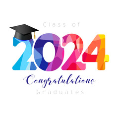 Colorful graduating banner. Class of 2024 congratulations graduates, decoration concept. Collegel event invitation design. Watercolor style number. Greeting card template. Art school creative icon.
