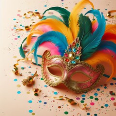 A vibrant masquerade mask adorned with colorful feathers and jewels, surrounded by golden confetti on a light background. It is perfect for festive occasions and celebrations.