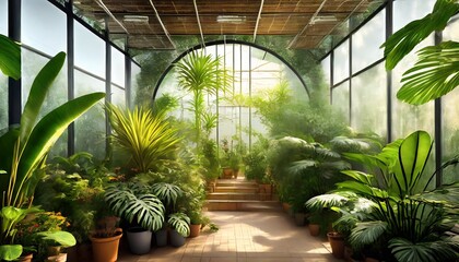 photo wallpaper tropical leaves and plants in the greenhouse art drawing - obrazy, fototapety, plakaty