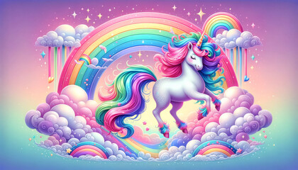 Rainbow Unicorn Fantasy.
A vibrant unicorn prances in a fantasy world with rainbows and clouds.