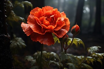  a large orange flower with water droplets on it's petals in a dark, foggy, wooded area.