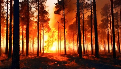 development of forest fire on sunset background