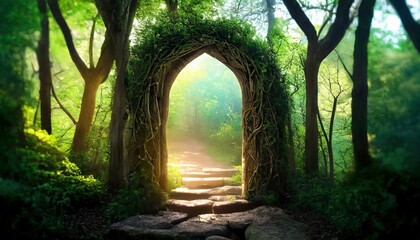 magical arch portal made with tree branches door to fantasy dimension digital illustration - obrazy, fototapety, plakaty