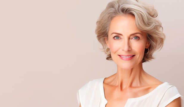 Beautiful middle 50s mature woman in natural makeup with clean skin. Concepts for beauty skincare and cosmetics with copy space for text.