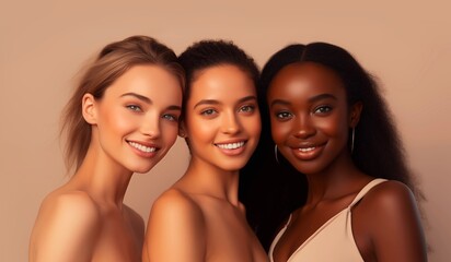 Obraz premium Three multiracial women in natural makeup with clean skin and smiling. Concepts for beauty banner skincare and cosmetics.