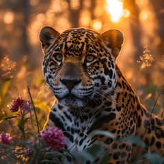 Obraz premium Majestic Leopard at Golden Sunset. AI.