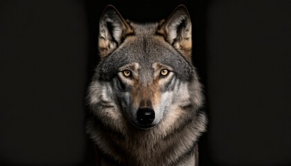 scary dark gray wolf canis lupus direct eye contact in the dark looking at the camera on a black background - obrazy, fototapety, plakaty