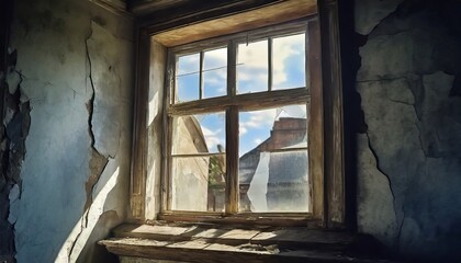 Fototapeta na wymiar broken window in the old house