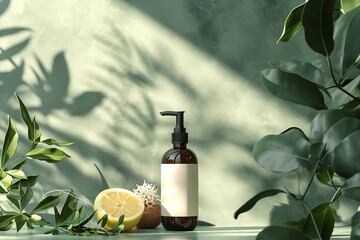 Brown cosmetic dispenser bottles with white blank label surrounded by green leaves and lemon on a mint background. Mock up. Copy space.