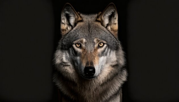 scary dark gray wolf canis lupus direct eye contact in the dark looking at the camera on a black background