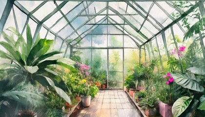 greenhouse with tropical plants art drawing in pastel style with texture watercolor background photo wallpaper