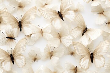  a group of white butterflies sitting on top of a white wall next to a black and white picture of a group of white butterflies.