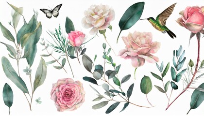 botanic watercolor set with flowers and birds leaves eucalyptus pink roses butterfly and hummingbird - obrazy, fototapety, plakaty