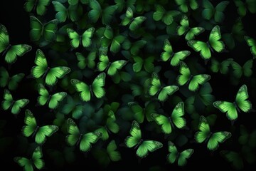  a large group of green butterflies flying in the air with their wings spread wide open and glowing in the dark.
