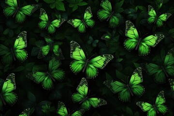  a group of green butterflies flying over a lush green leaf covered field of leaves, with a dark sky in the background.