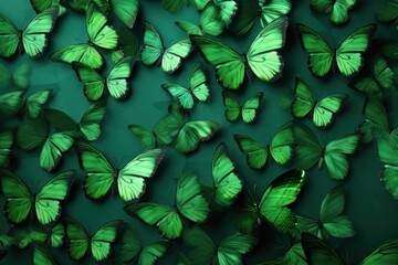  a large group of green butterflies flying in the air over a body of water with green water in the background.
