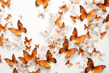  a group of orange and white butterflies flying in the air with white and white flowers in the bottom right corner.