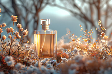 Close-up of a perfume bottle without brand label Decorated with delicate dried flower petals bathed in soft sunlight. This evokes feelings of nostalgia and romance. Suitable for product advertising. - obrazy, fototapety, plakaty