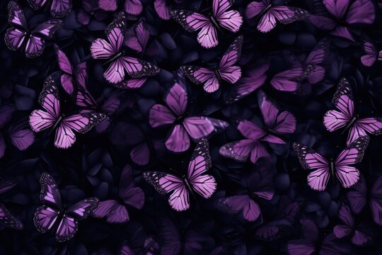  a large group of purple butterflies flying in the air with their wings spread out to the side of the picture.
