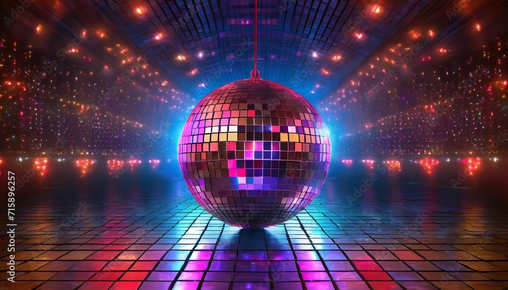 Wall mural dance party background disco ball in neon lights on dance floor