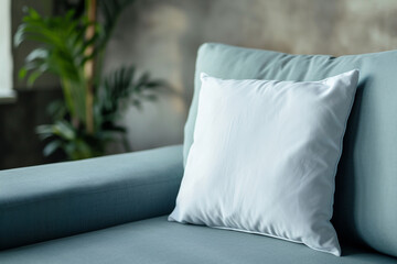 Light pillow on a blue sofa in modern living room. Mock up.
