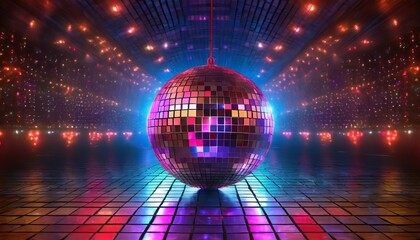 dance party background disco ball in neon lights on dance floor - Powered by Adobe