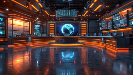 Interior of a modern news room broadcast set with round stage and lighting Generative AI