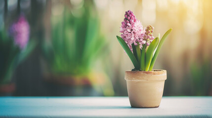 Beige ceramic pot with blooming blue hyacinths on a table. Copy space.
