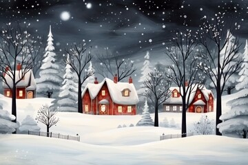  a painting of a snowy night with a red house in the foreground and a fence in the foreground.