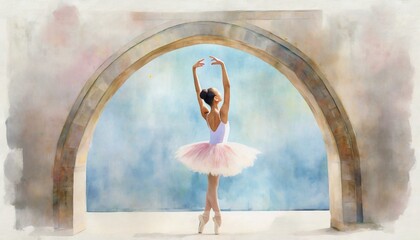 flare of an arch in a watercolor style in which a drawn ballerina is painted on a textured background photo wallpaper for the interior