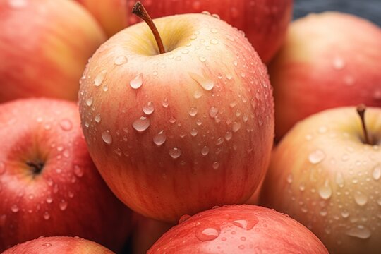  a pile of red and green apples with water droplets on the top of the apples and on the bottom of the apples.