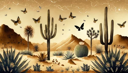 Rideaux velours Papillons en grunge illustrated background with a desert motif cacti sand 