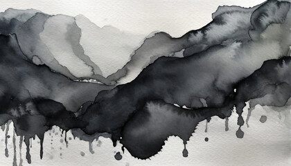 Watercolor black stain, on textured paper background. 
