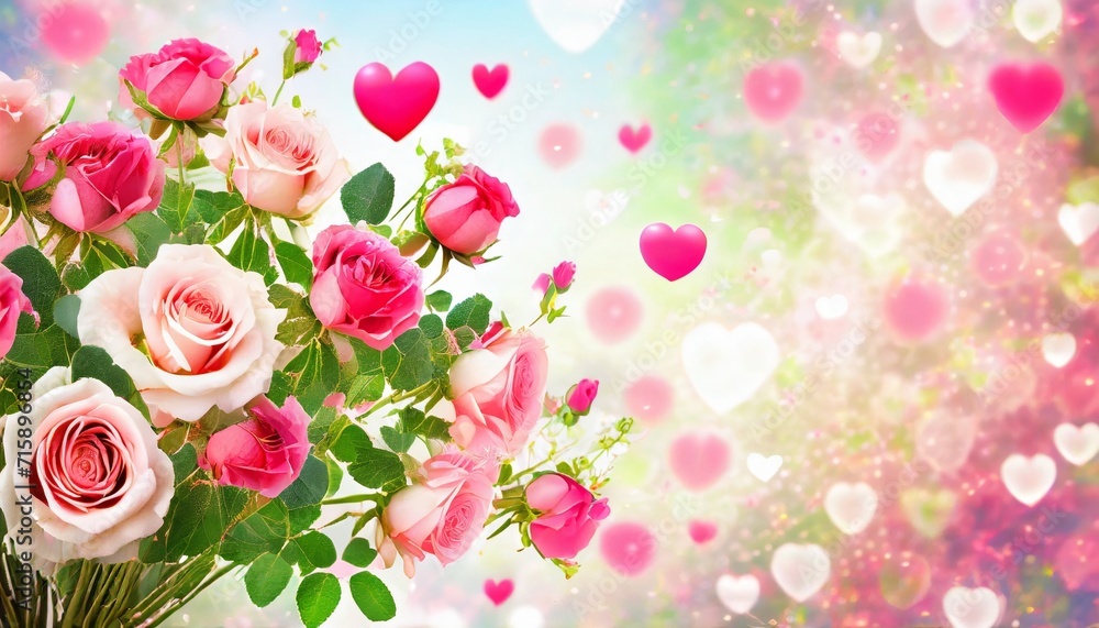 Wall mural roses bouquet and hearts background