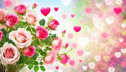 Fototapeta na wymiar roses bouquet and hearts background