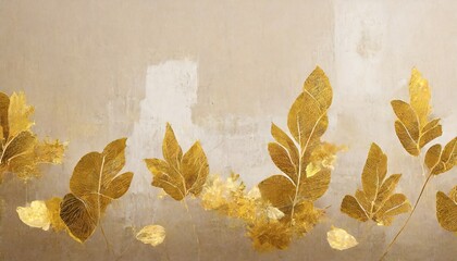golden leaves on a beige textured wall art drawing interior photo wallpaper